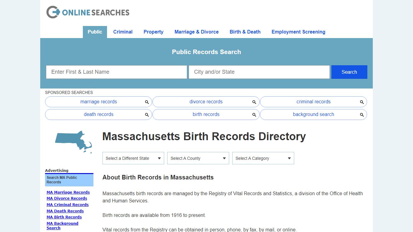 Massachusetts Birth Records Search Directory - OnlineSearches.com